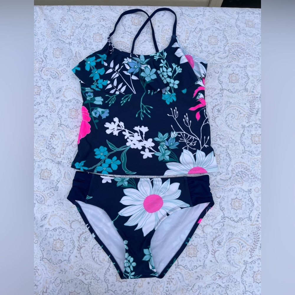 Tropical Pink and Blue Bikini with Floral Accents